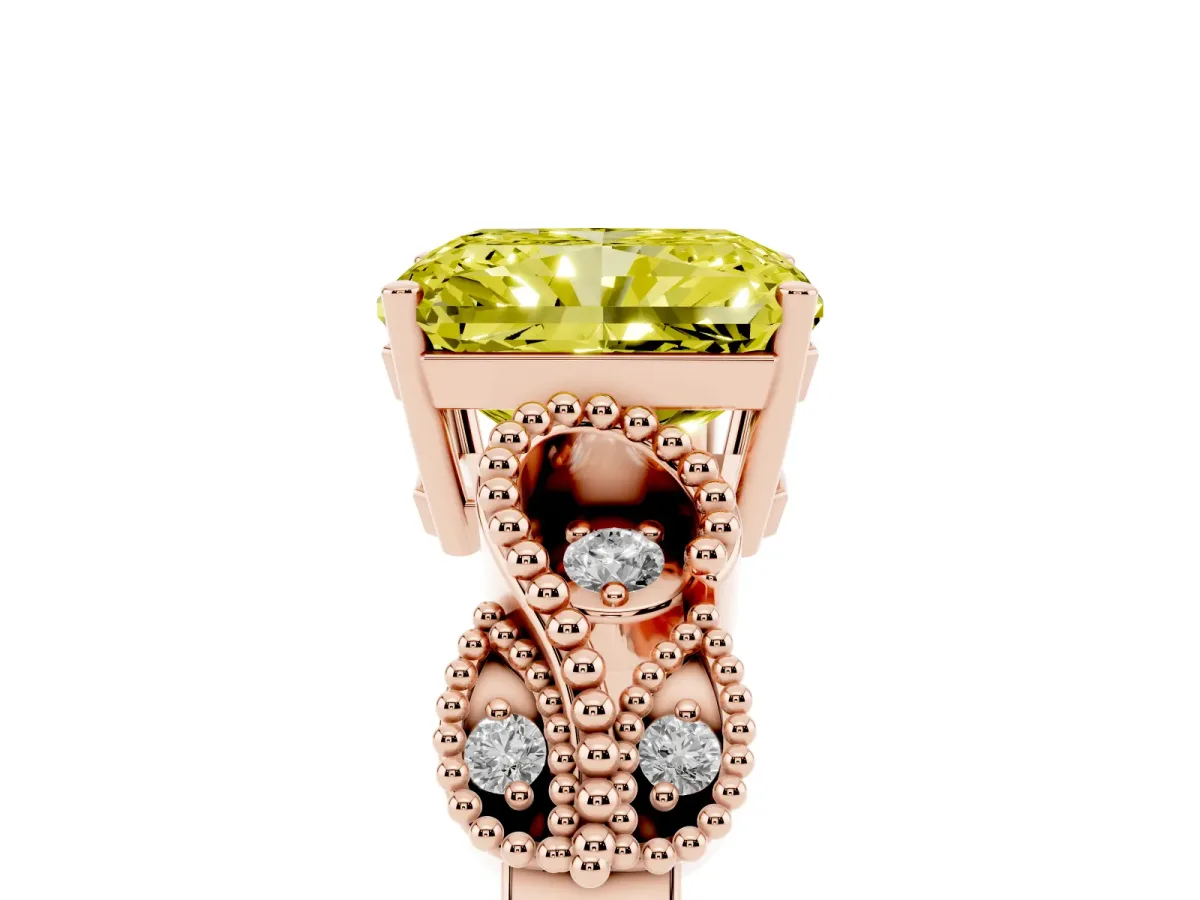 Fancy Yellow Princess Cut Solitaire Milgrain Leaf Band with Prong Setting Rose gold