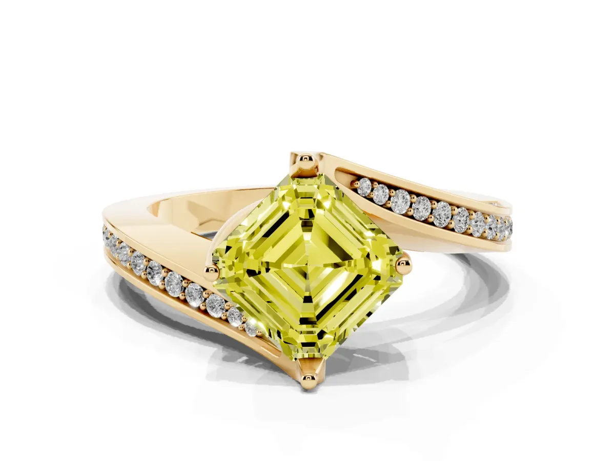 Fancy Yellow Asscher Cut Solitaire Diamond Twist Band with Pavé Setting and Four-Prong Setting Yellow gold