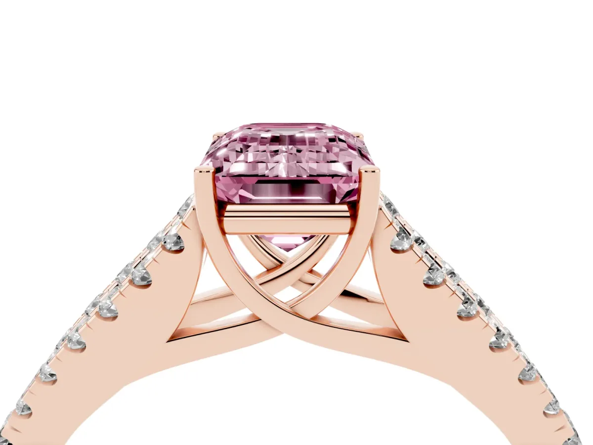 Fancy Pink Emerald Cut Diamond Split Shank Engagement Ring with Round Pavé and Prong Setting Rose gold