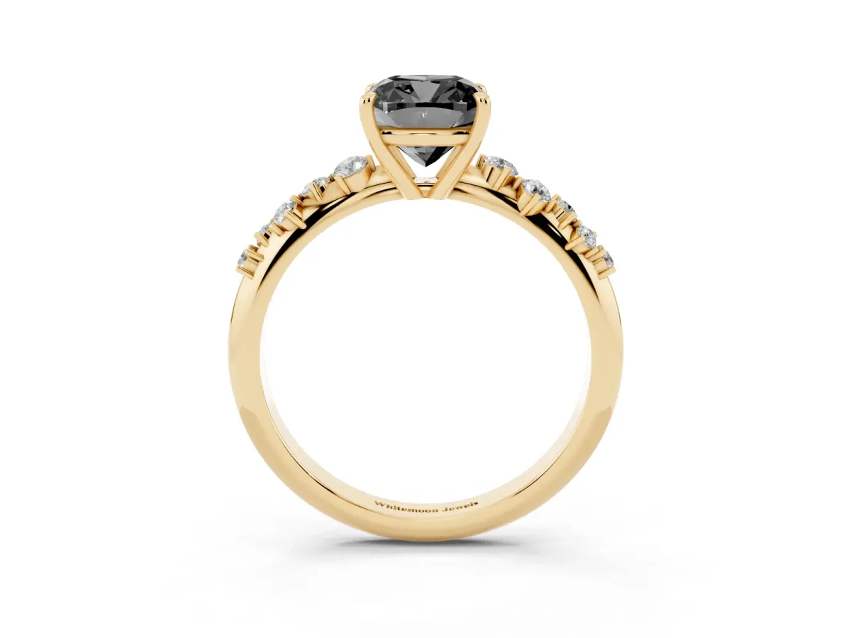 Fancy Black Cushion Cut Diamond Cluster Side Stone Solitaire Ring with Prong Setting Yellow gold