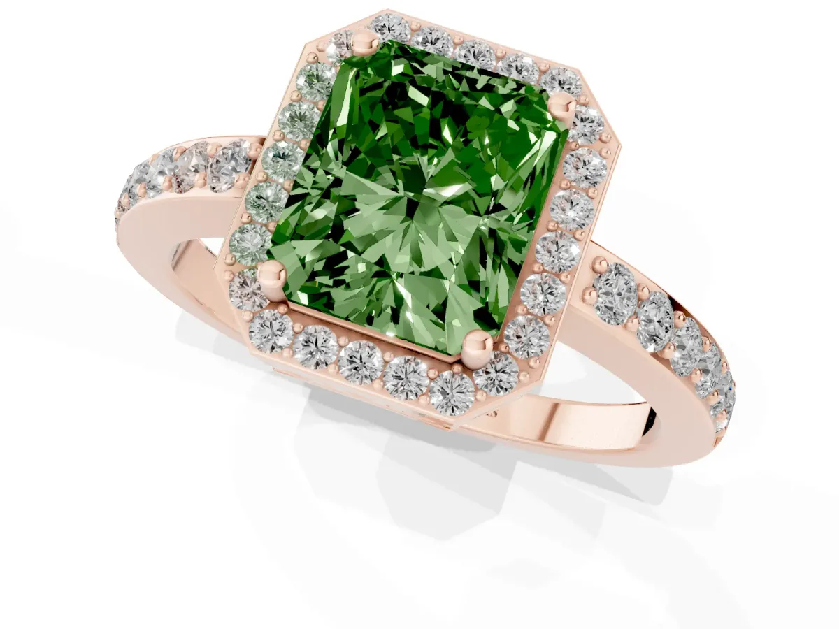 Fancy Green Radiant Cut Halo Diamond Pavé Band Ring with Prong Setting Rose gold