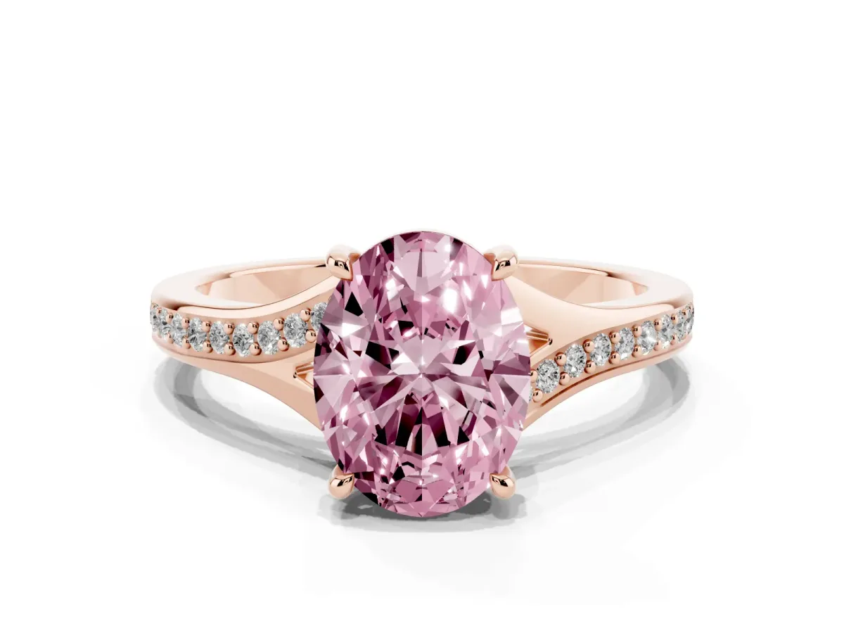 Fancy Pink Oval Cut Diamond Solitaire Ring with Pavé Band and Prong Setting Rose gold