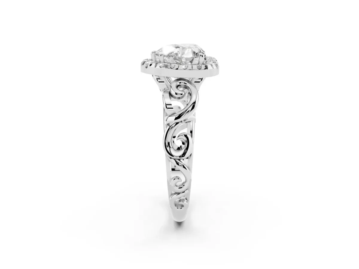 Heart Cut Cut Halo Diamond Ring with Scrollwork Band and Four-Prong Setting Platinum
