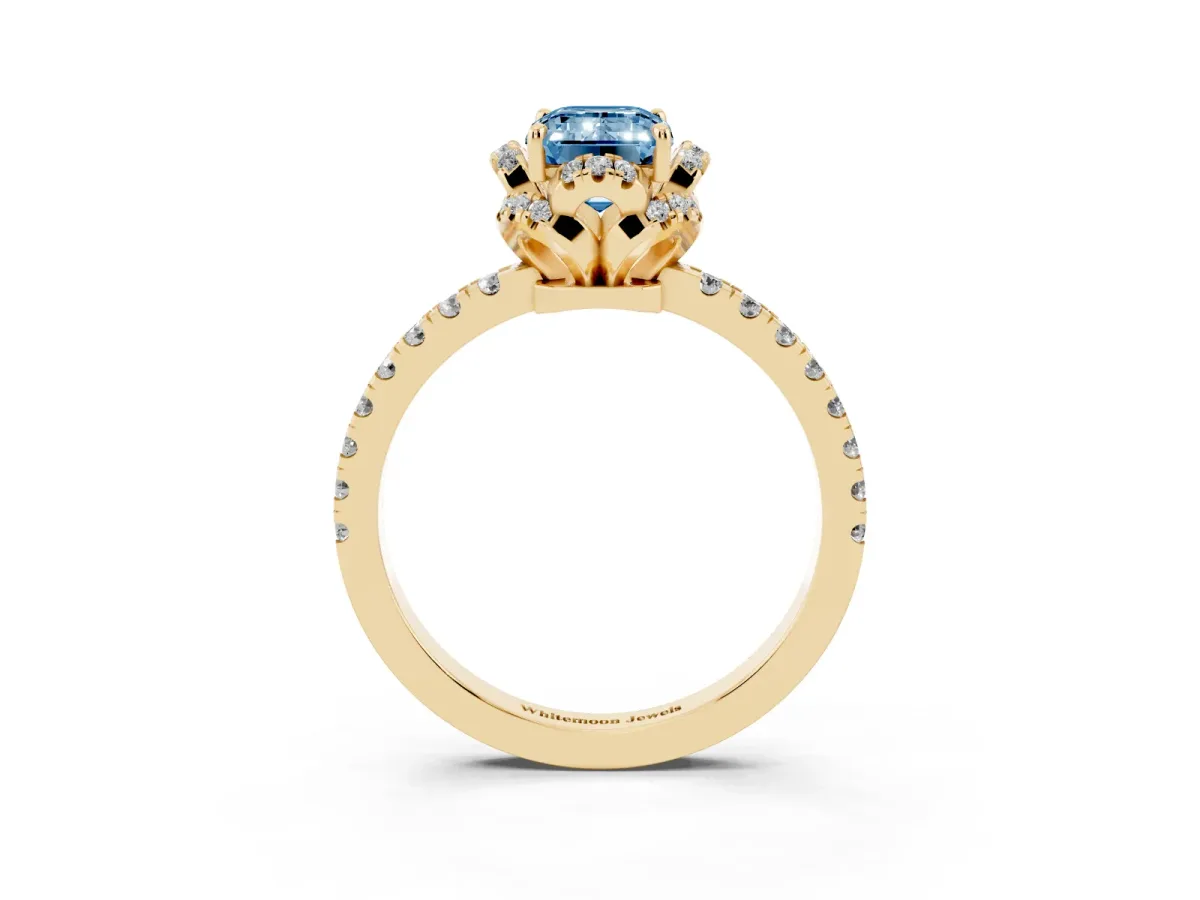 Fancy Blue Emerald Cut Halo Diamond Pave Band Ring with Four-Prong Setting Yellow gold