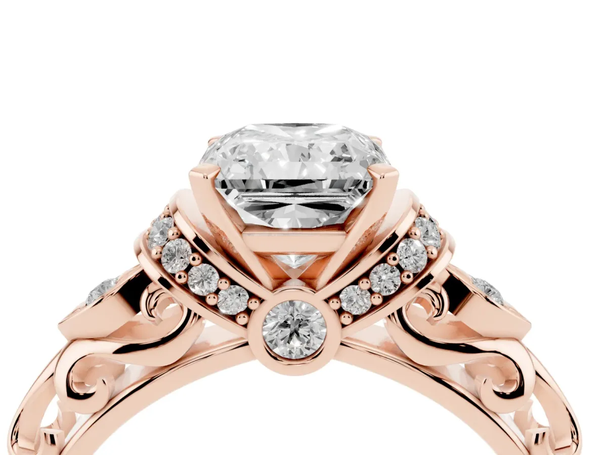 Radiant Cut Diamond Solitaire Ring with Filigree Band and Four-Prong Setting Rose gold