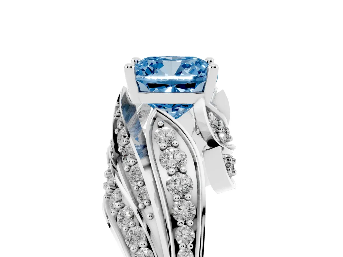 Fancy Blue Cushion Cut Diamond Solitaire Ring with Prong Setting and Twisted Pavé Band Silver