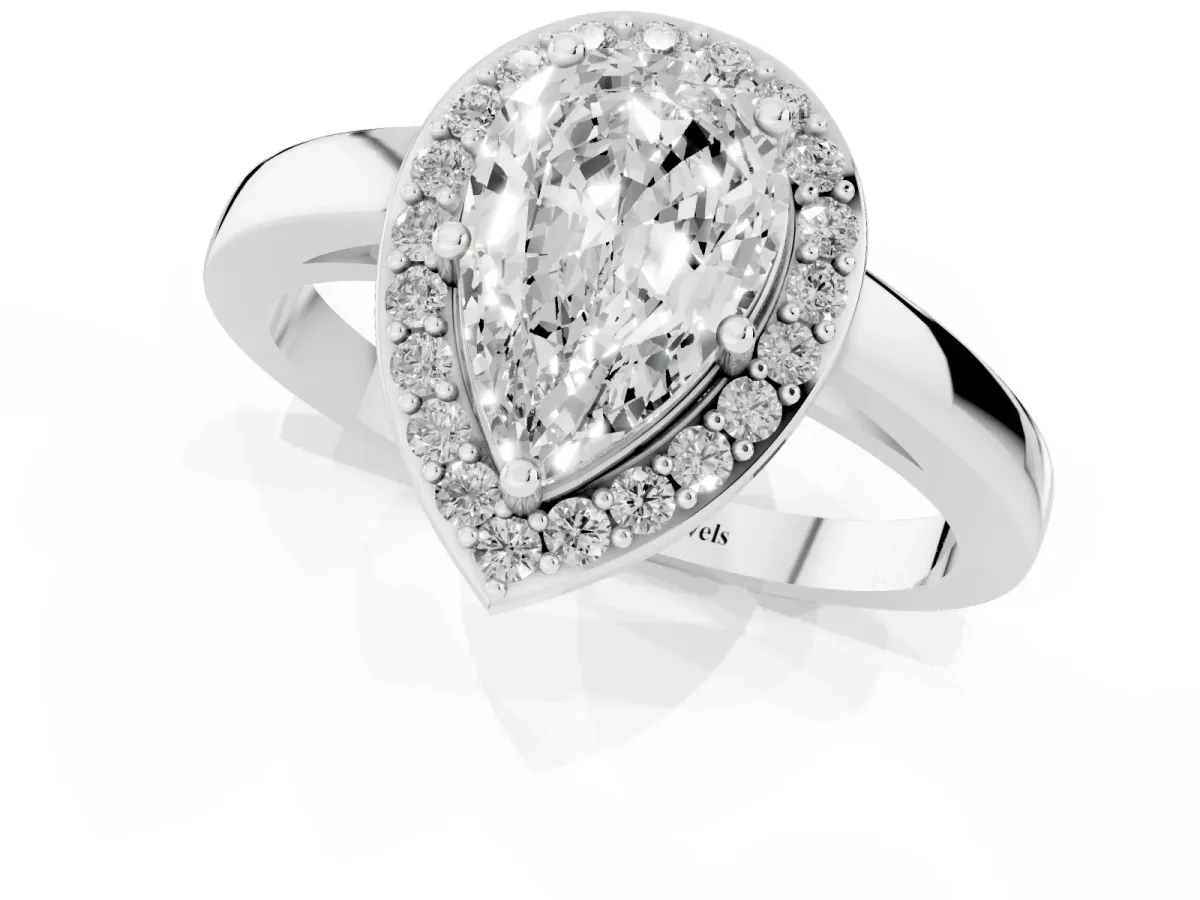 Pear Cut Halo Diamond Ring with Solitaire Band and Prong Setting Silver