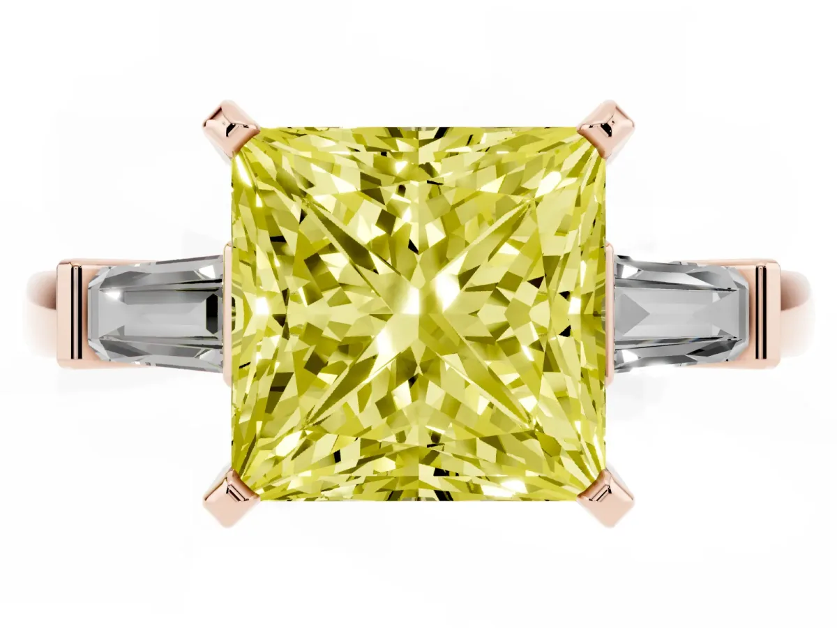 Fancy Yellow Princess Cut Cut Diamond Solitaire Ring with Tapered Baguette Accents and Four-Prong Setting Rose gold