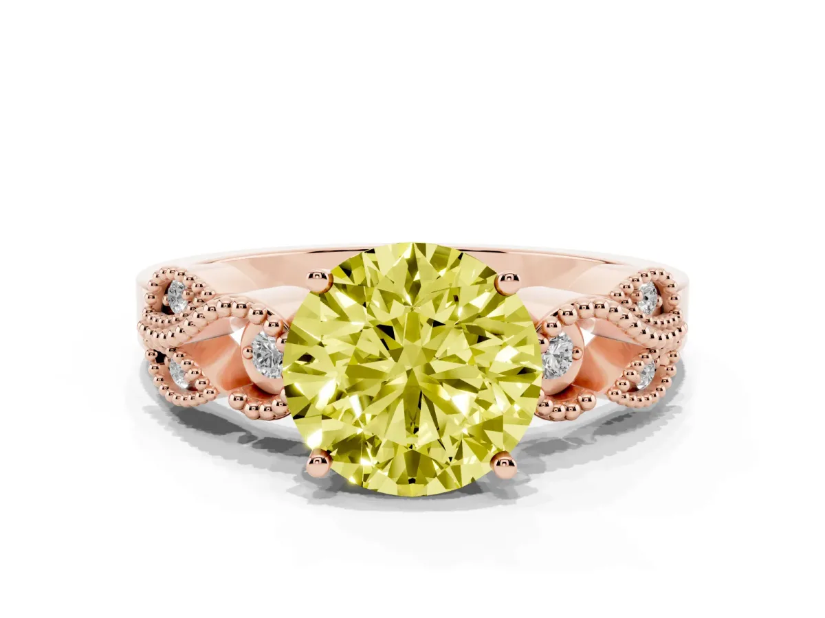 Fancy Yellow Round Cut Solitaire Milgrain Leaf Band with Prong Setting Rose gold
