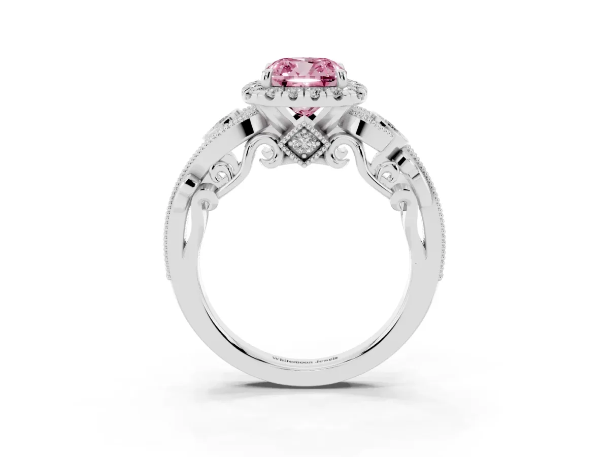 Fancy Pink Cushion Cut Diamond Halo Ring with Milgrain Pavé Band and Four-Prong Setting Silver