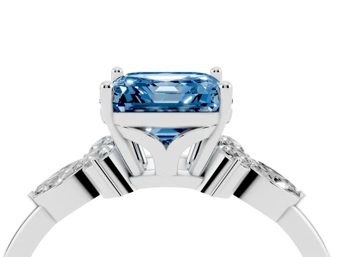 Fancy Blue Asscher Cut Brilliant Diamond Solitaire Ring with Pear Side Stones and Four-Prong Setting Silver