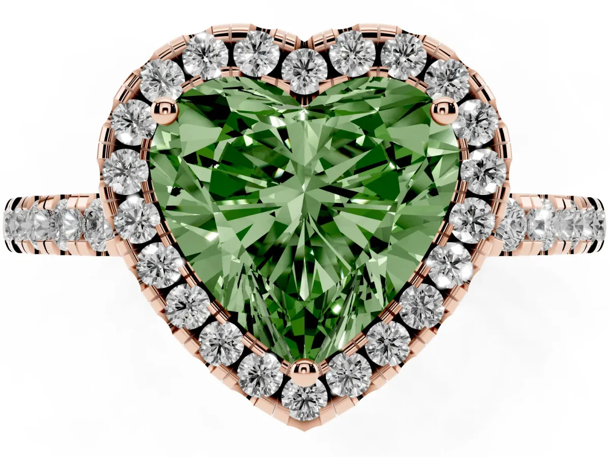 Fancy Green Heart Cut Halo Diamond Engagement Ring with Pavé Band and Four-Prong Setting Rose gold