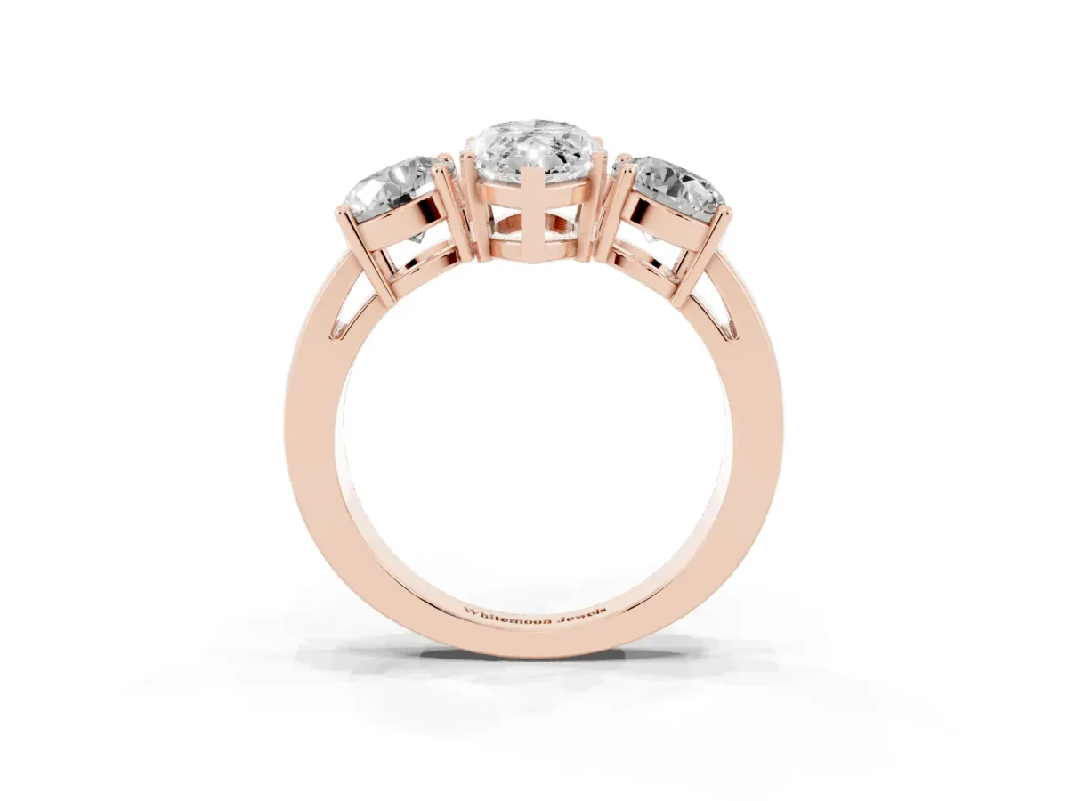 Three-Stone Marquise Cut Diamond Ring with Round Side Stones, Classic Band, and Four-Prong Setting Rose gold