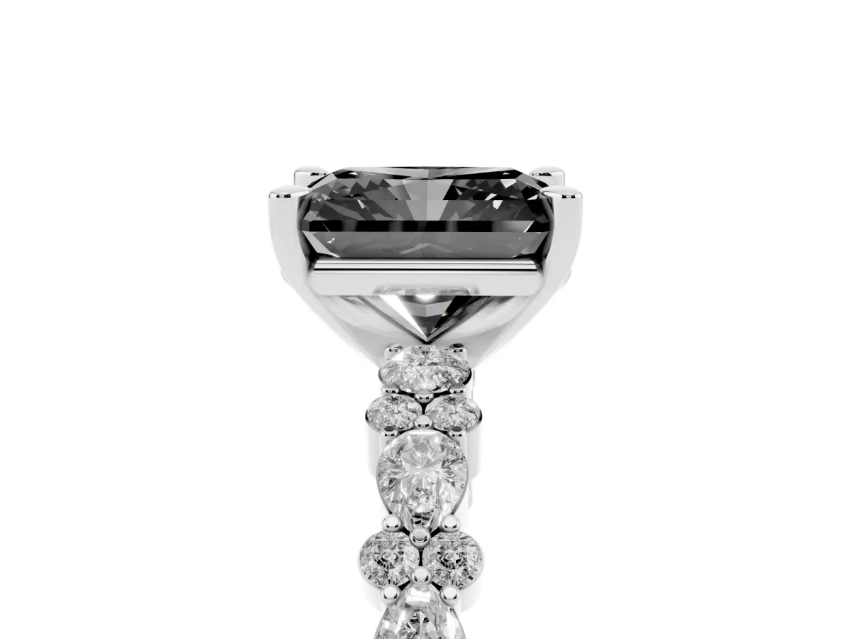 Fancy Black Radiant Cut Diamond Side Stone Solitaire Ring with Round and Four-Prong Setting Platinum