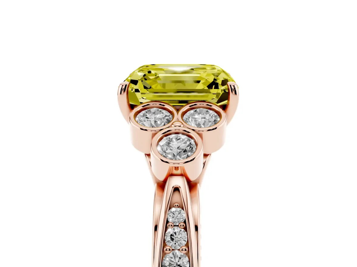 Fancy Yellow Asscher Cut Cut Diamond Engagement Ring with Bezel Set Round Side Stones and Prong Setting Rose gold