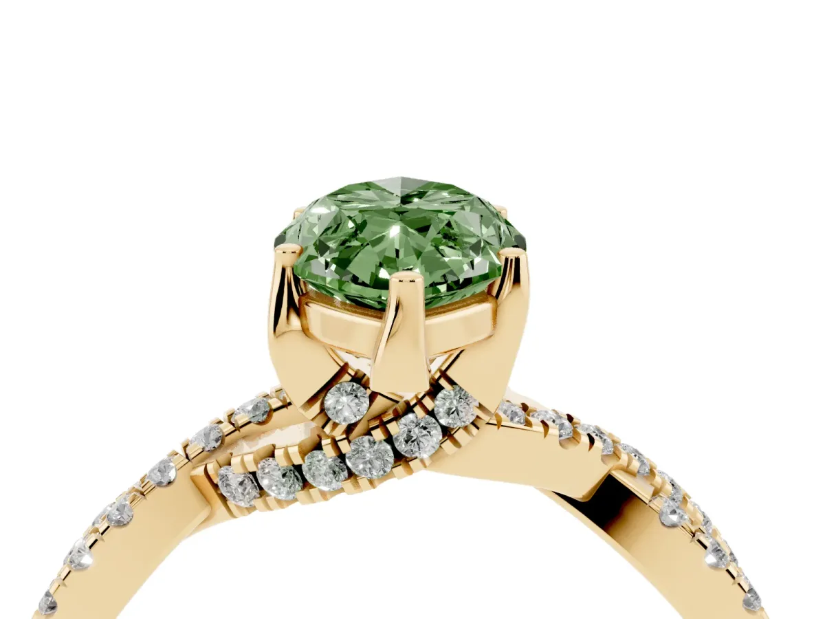 Fancy Green Marquise Cut Solitaire Twist Pave Diamond Engagement Ring with Prong Setting Yellow gold