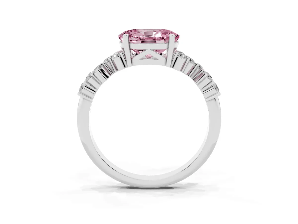Fancy Pink Oval Cut Diamond Scattered Round Accent Ring with Prong Setting Platinum