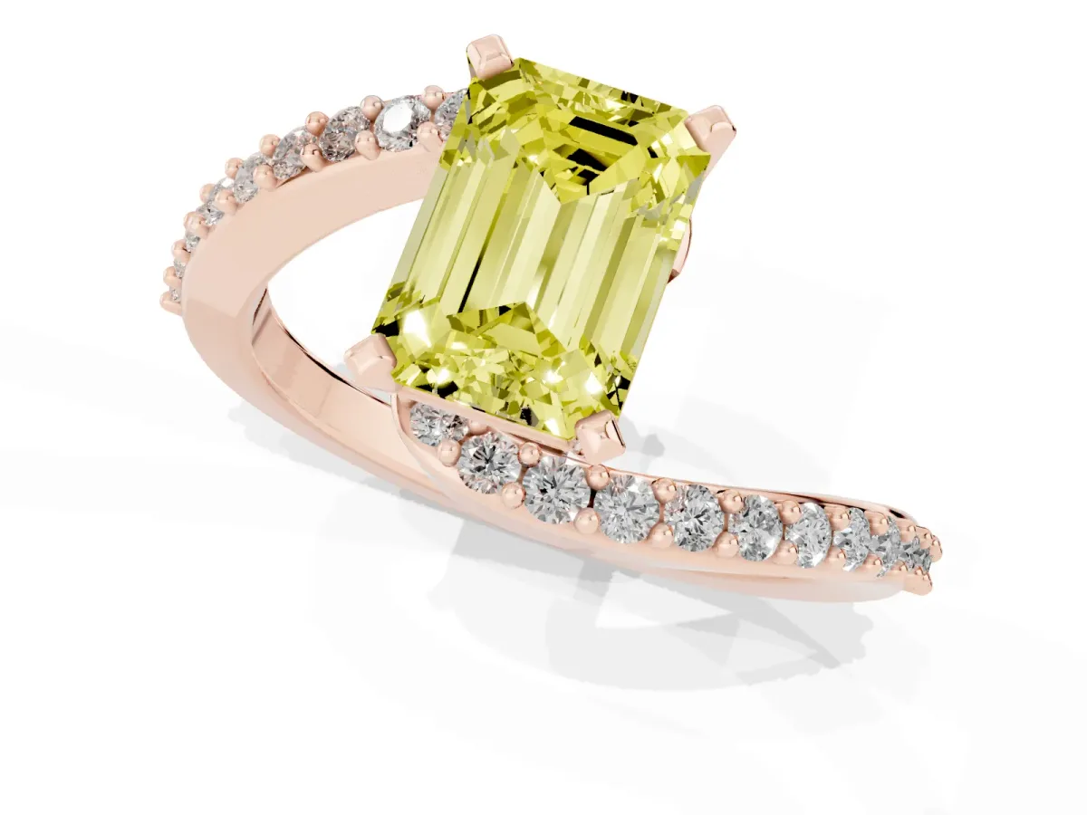 Fancy Yellow Emerald Cut Solitaire Twist Band with Pave Set Diamonds and Four-Prong Setting Rose gold