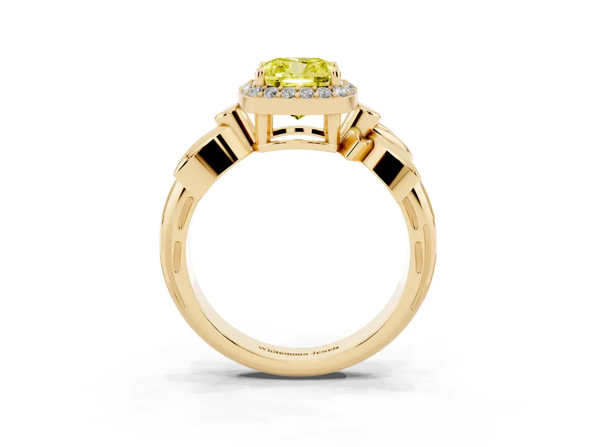 Fancy Yellow Cushion Cut Halo Diamond Floral Band with Four-Prong Setting Yellow gold