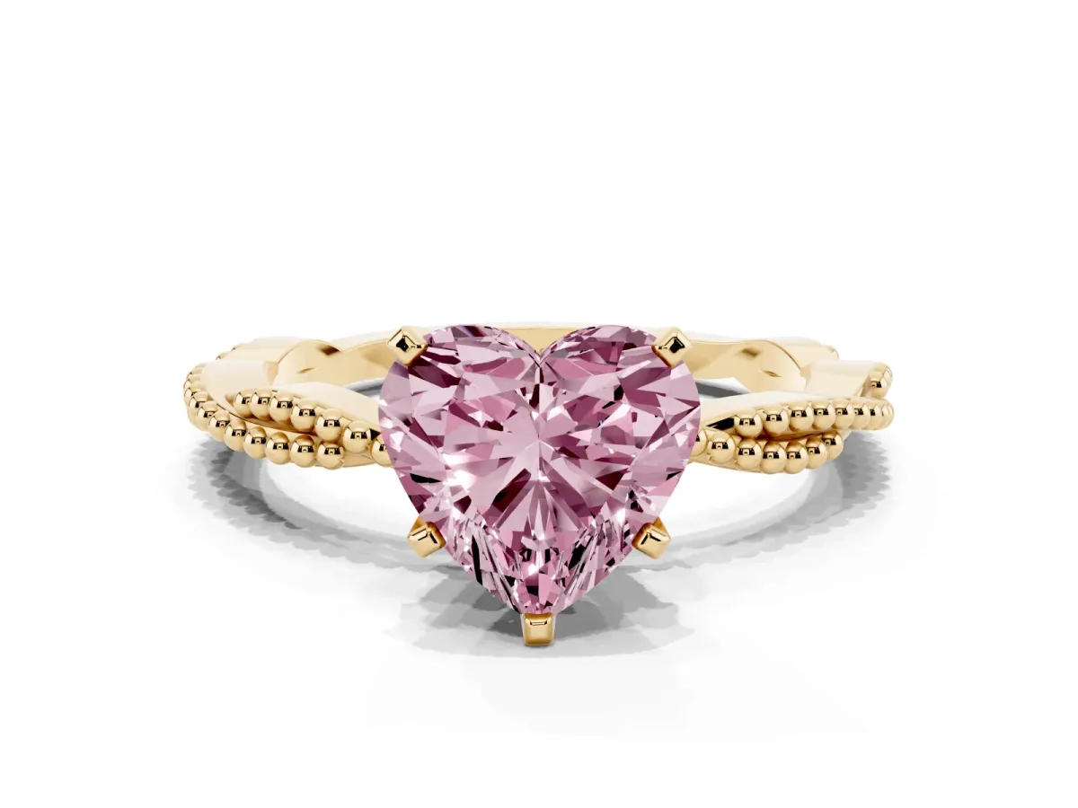 Fancy Pink Heart Cut Solitaire Twisted Band with Bead Prong Setting Yellow gold