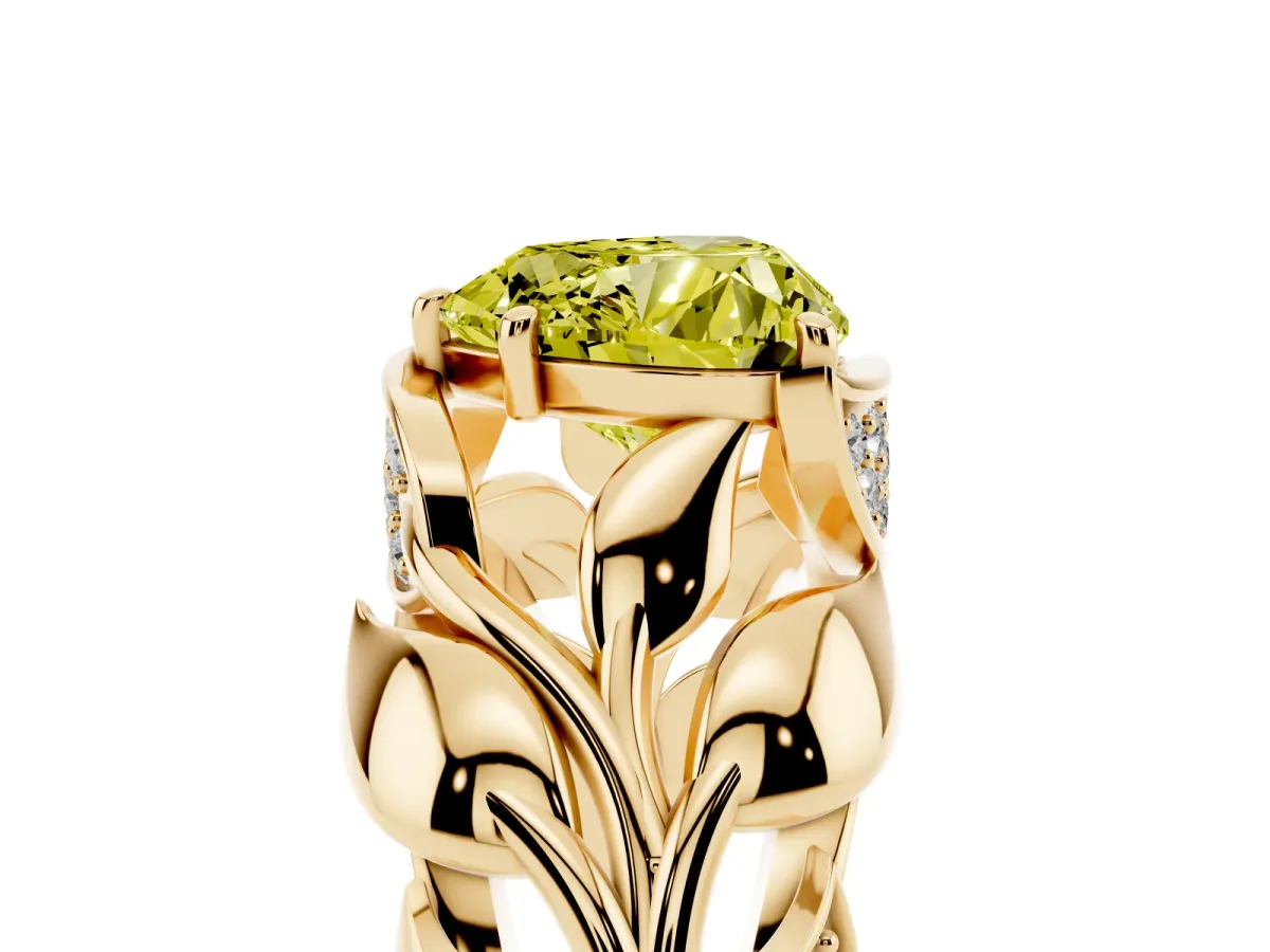 Fancy Yellow Heart Cut Diamond Leaf-Inspired Engagement Ring with Round Accents and Prong Setting Yellow gold