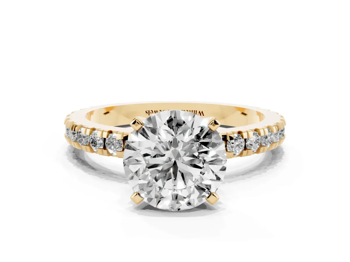 Round Cut Diamond Pavé Band Solitaire with Four-Prong Setting Yellow gold