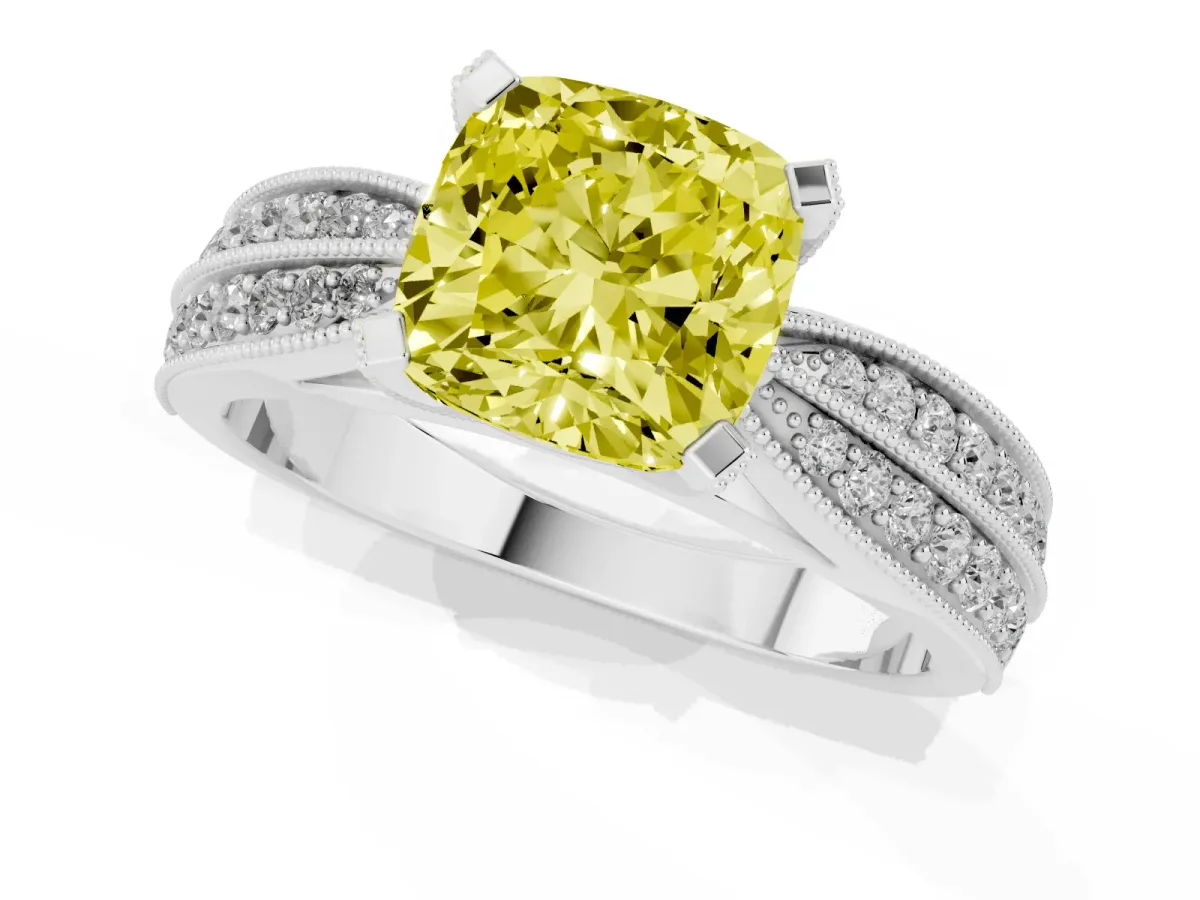 Fancy Yellow Cushion Cut Diamond Solitaire Ring with Milgrain Round Pavé Band and Prong Setting Silver