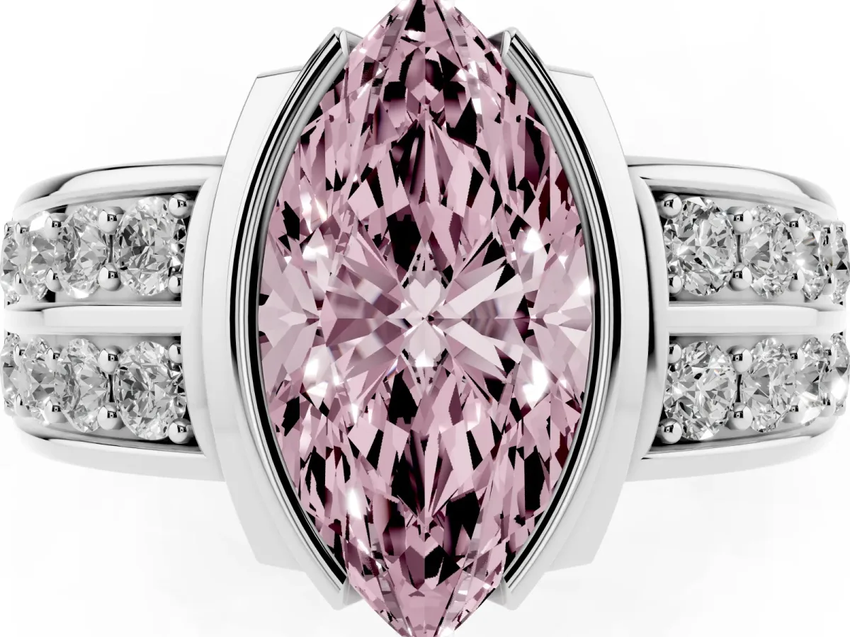 Fancy Pink Marquise Cut Brilliant Diamond Channel Set Wide Band Ring with Bezel Setting Platinum