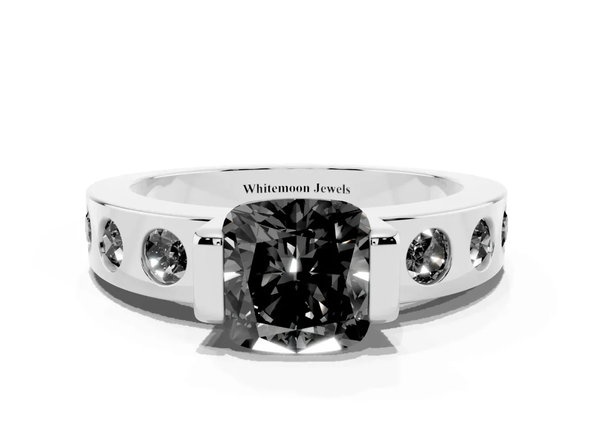 Fancy Black Cushion Cut Brilliant Channel-Set Diamond Ring with Bezel Prong Setting Silver