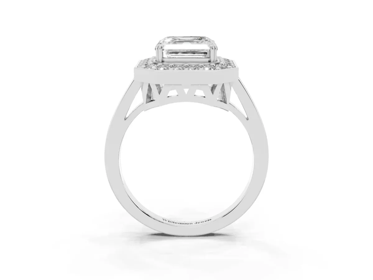 Asscher Cut Diamond Halo Ring with Split Shank and Four-Prong Setting Silver