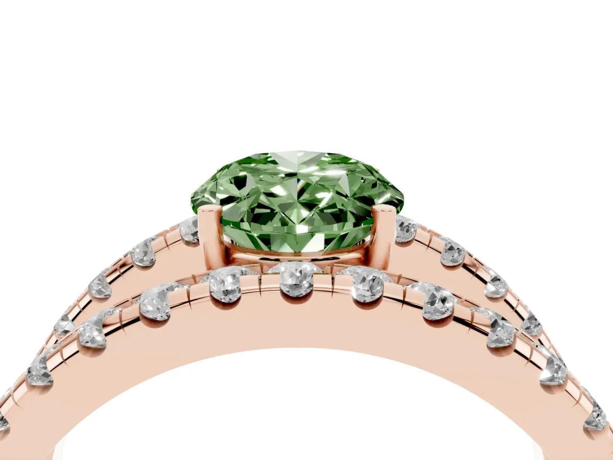 Fancy Green Oval Cut Solitaire Split Shank Pave Diamond Ring Rose gold