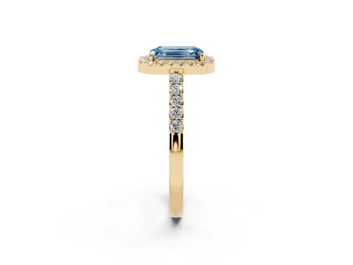 Fancy Blue Emerald Cut Halo Diamond Pavé Solitaire Ring Yellow gold