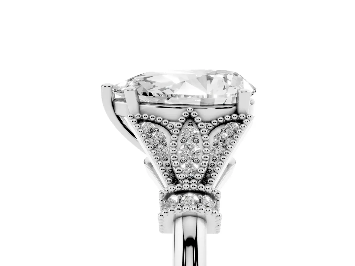 Pear Cut Diamond Solitaire Ring with Floral Filigree and Pave Accents Silver