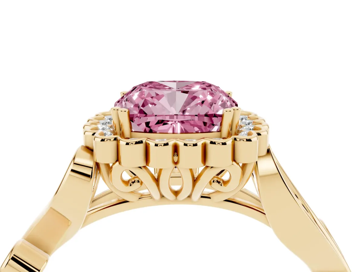 Fancy Pink Cushion Cut Diamond Halo Ring with Vintage Split Shank and Four-Prong Setting Yellow gold