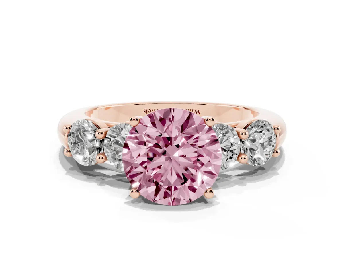 Fancy Pink Round Cut Cut Five-Stone Prong Set Diamond Ring with Classic Band Rose gold