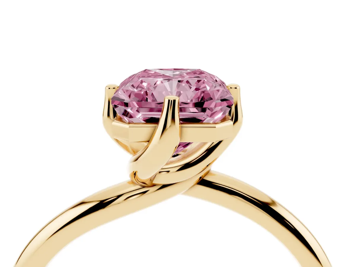Fancy Pink Radiant Cut Diamond Solitaire Engagement Ring with Four-Prong Setting and Classic Band Yellow gold
