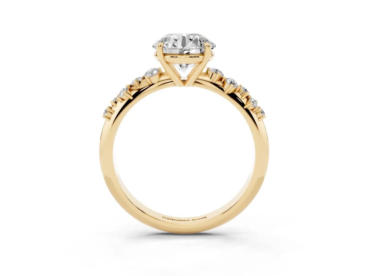 Round Cut Diamond Cluster Side Stone Solitaire Ring with Prong Setting Yellow gold