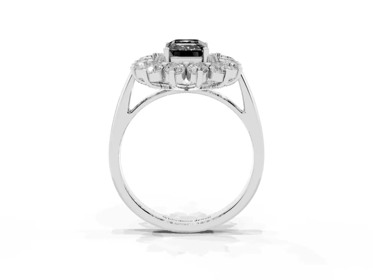 Fancy Black Emerald Cut Diamond Floral Double Halo Engagement Ring with Prong Setting Silver