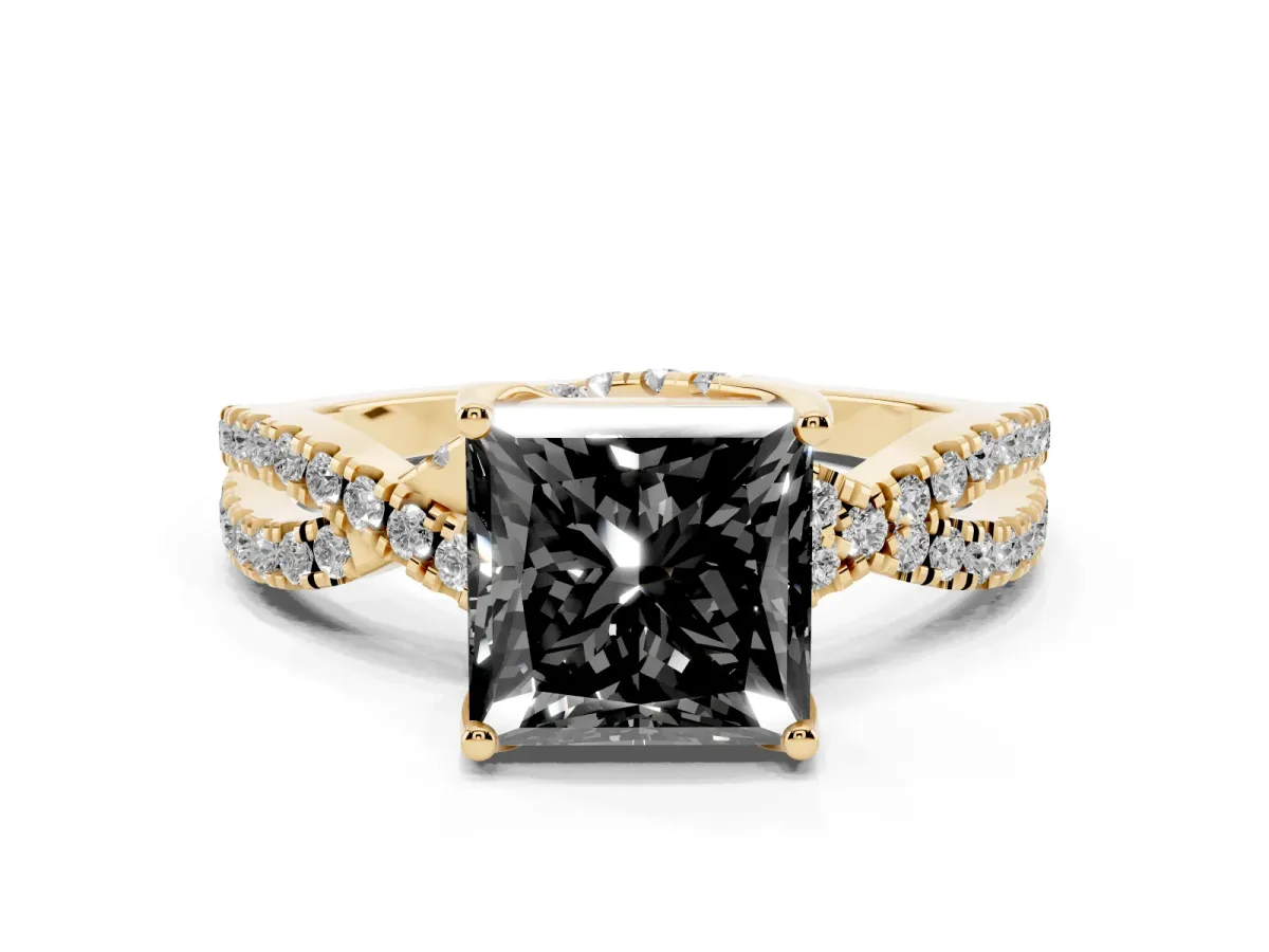 Fancy Black Princess Cut Solitaire Twist Pave Diamond Engagement Ring with Prong Setting Yellow gold