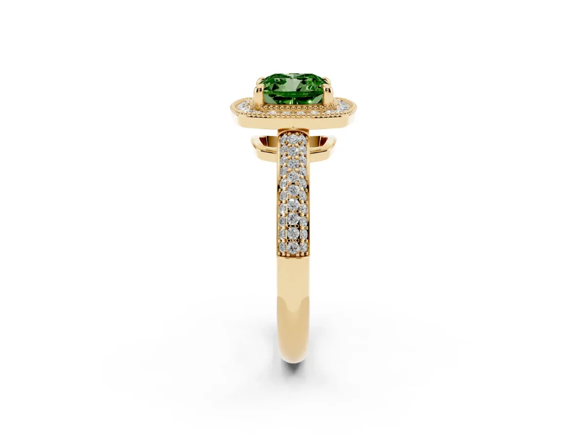 Fancy Green Cushion Cut Cut Halo Diamond Pave Band with Four-Prong Setting Yellow gold