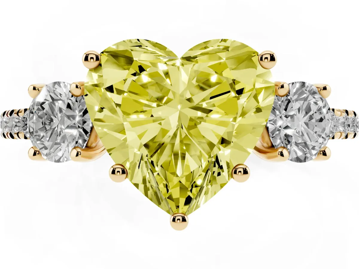 Fancy Yellow Three-Stone Heart Cut Cut Diamond Pavé Band with Prong Setting Yellow gold