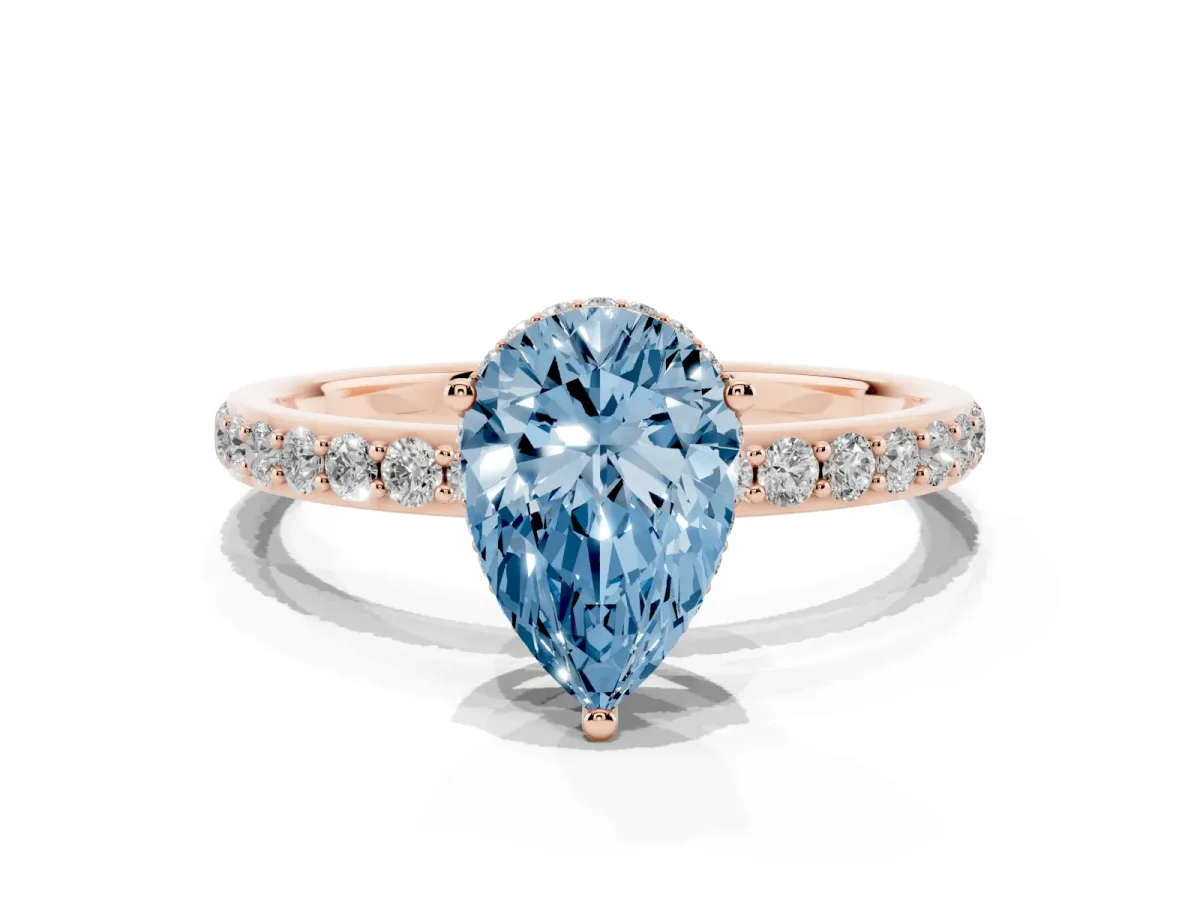 Fancy Blue Pear Cut Diamond Solitaire Ring with Pavé Band and Hidden Halo Rose gold