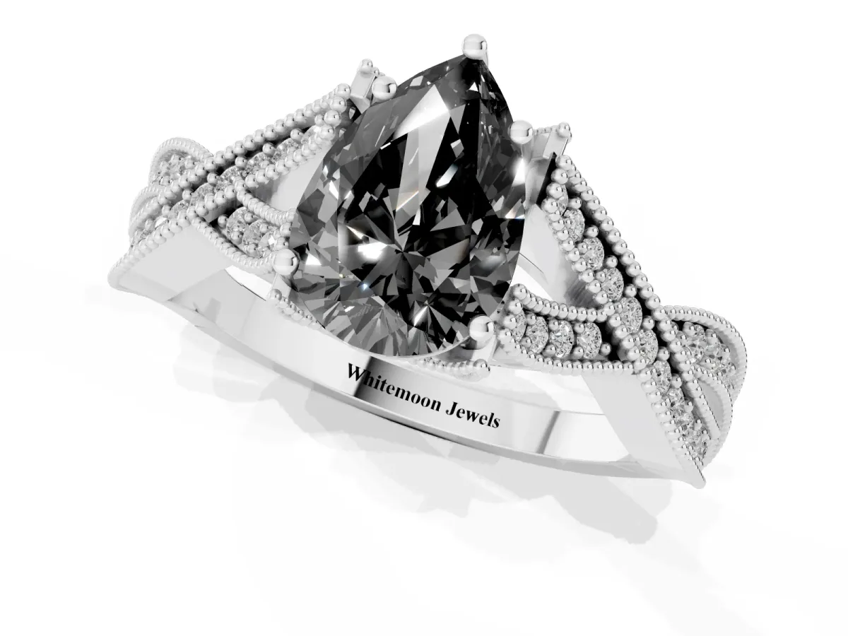 Fancy Black Pear Cut Cut Diamond Twisted Band with Milgrain Pave Setting and Four-Prong Setting Silver