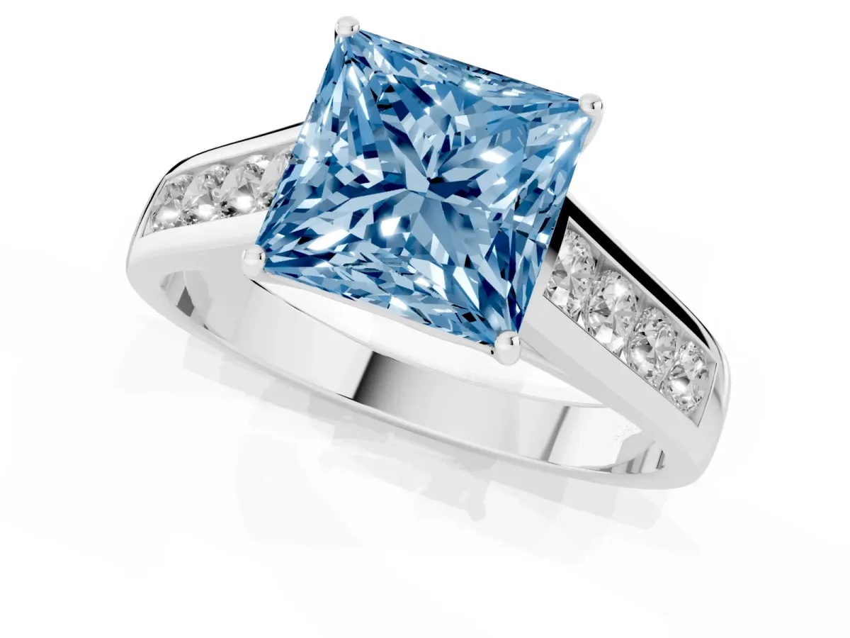 Fancy Blue Princess Cut Solitaire Channel-Set Diamond Engagement Ring with Four-Prong Setting Platinum