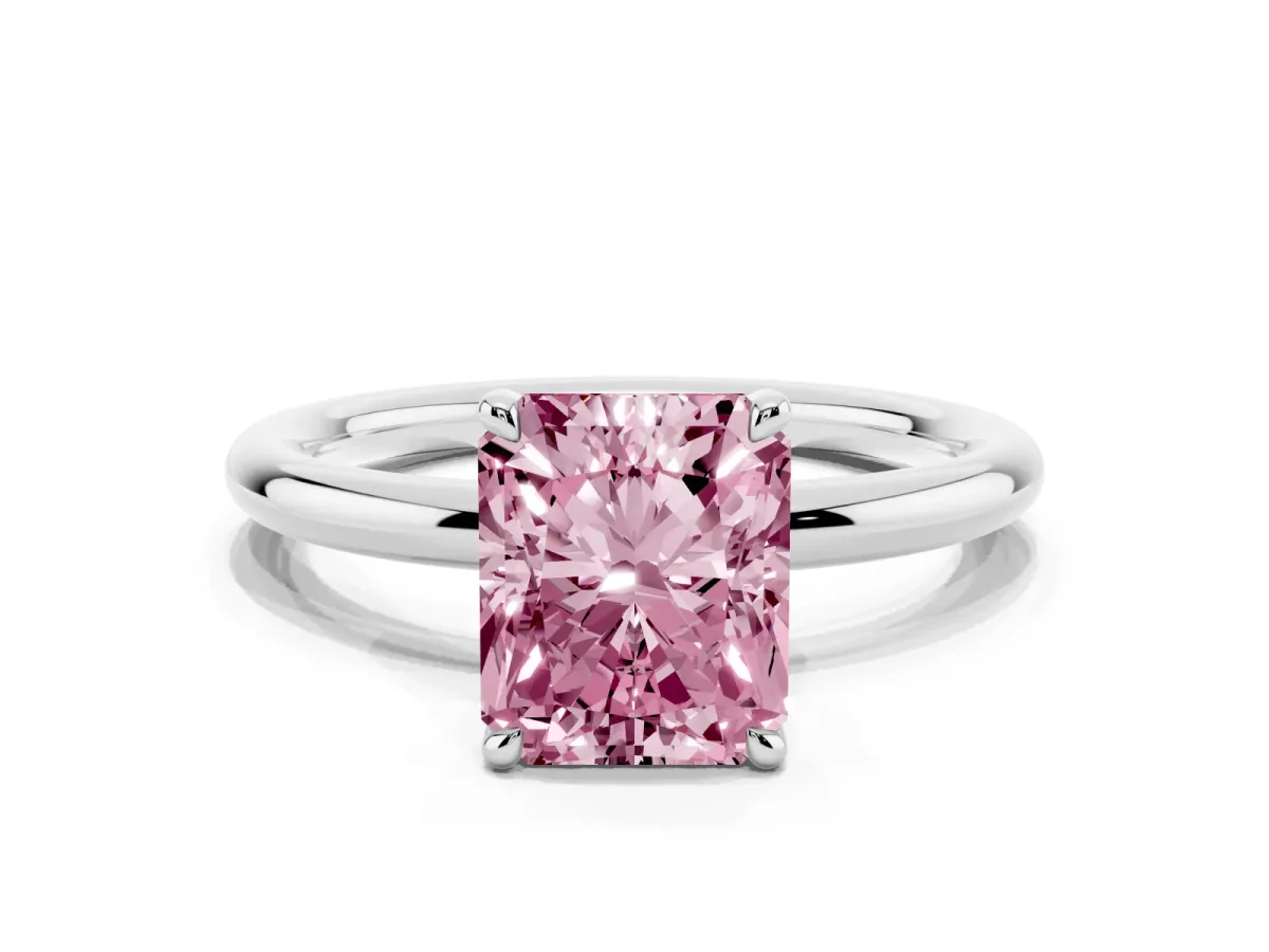 Fancy Pink Radiant Cut Diamond Solitaire Ring with Thin Band and Four-Prong Setting Silver