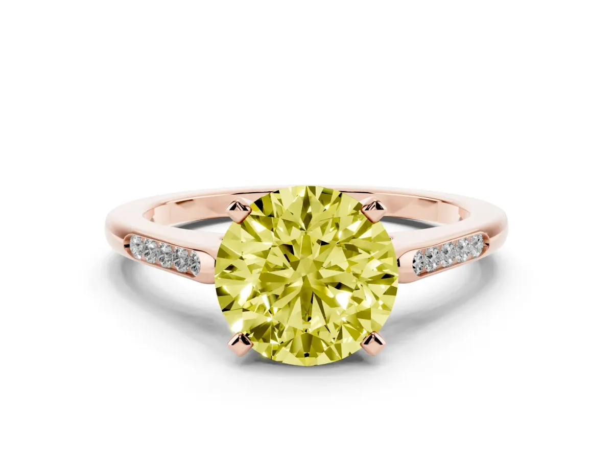 Fancy Yellow Round Cut Diamond Solitaire Ring with Channel Set Round Band and Prong Setting Rose gold