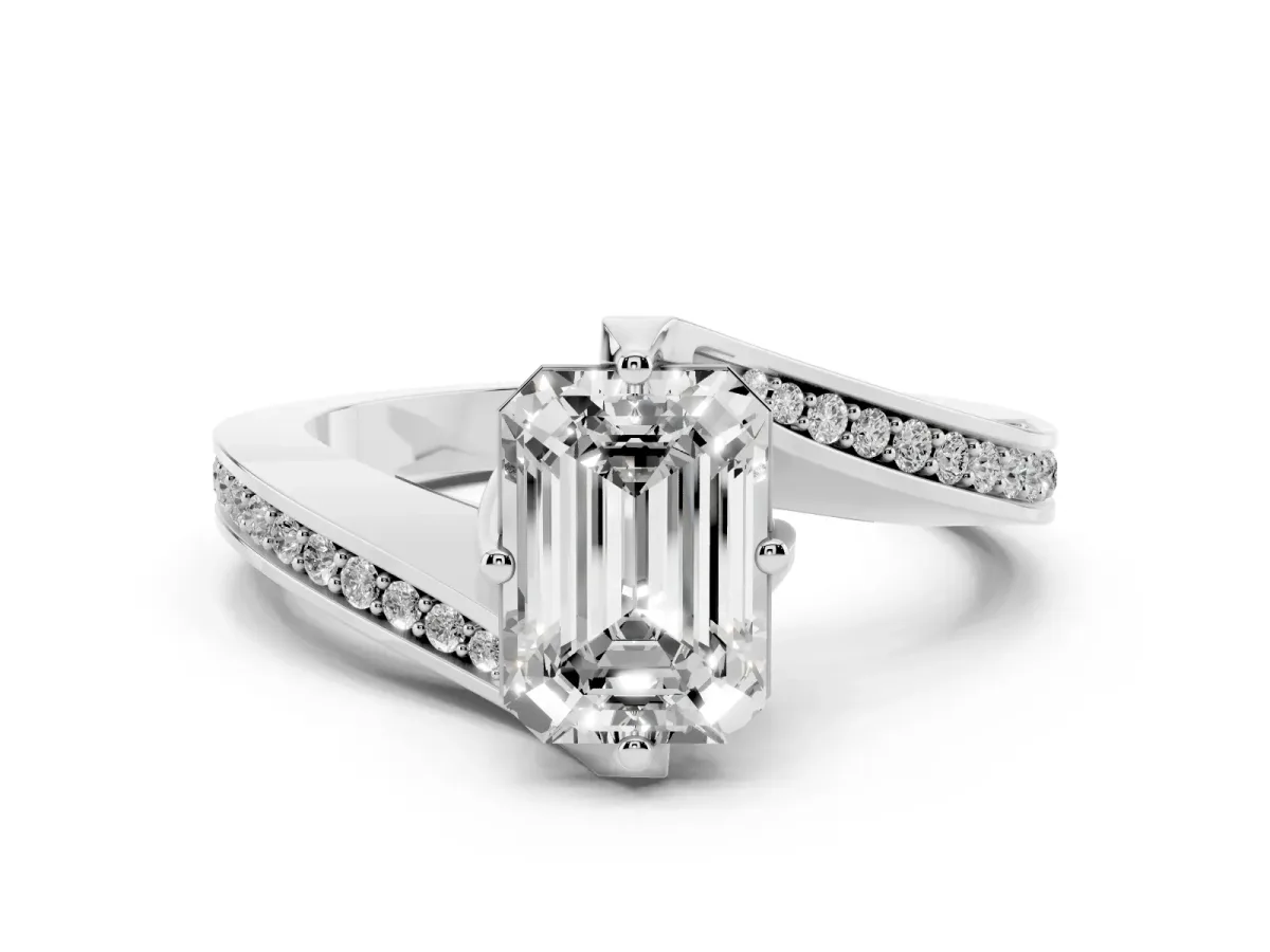 Emerald Cut Solitaire Diamond Twist Band with Pavé Setting and Four-Prong Setting Silver