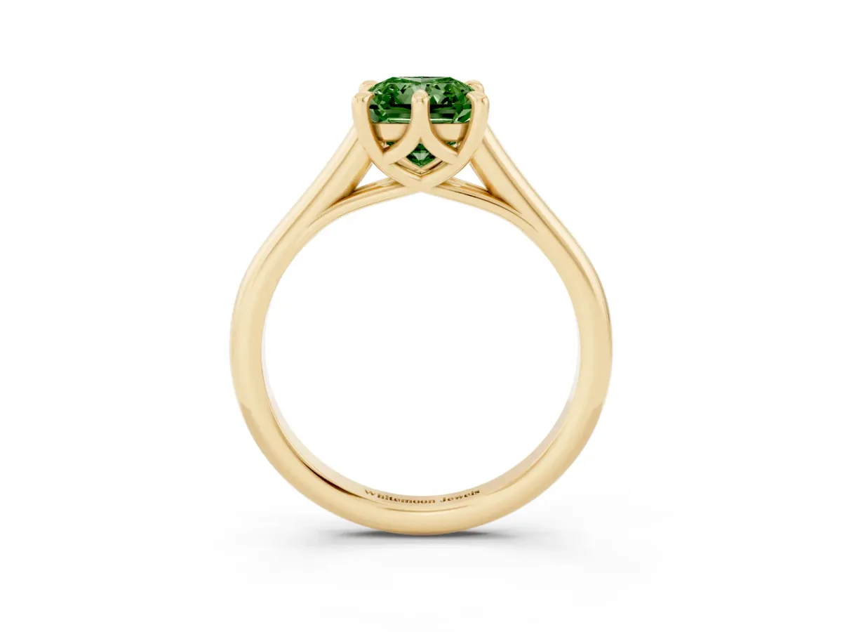Fancy Green Radiant Cut Solitaire Engagement Ring with Six-Prong Setting and Classic Band Yellow gold