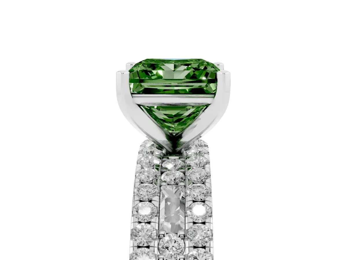 Fancy Green Princess Cut Diamond Solitaire Ring with Pavé and Channel Set Band Platinum