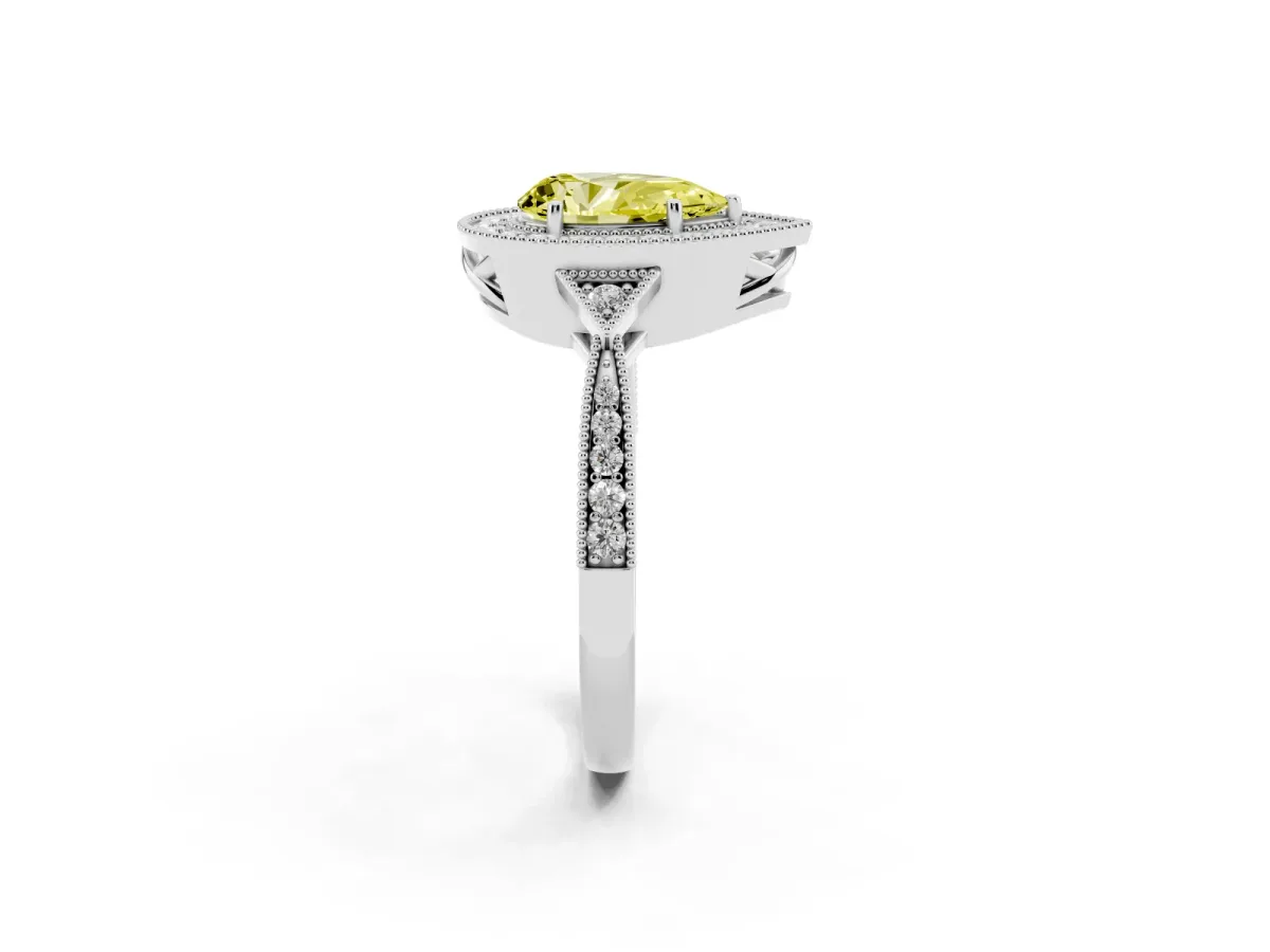 Fancy Yellow Pear Cut Halo Round Diamond Milgrain Pave Engagement Ring Platinum